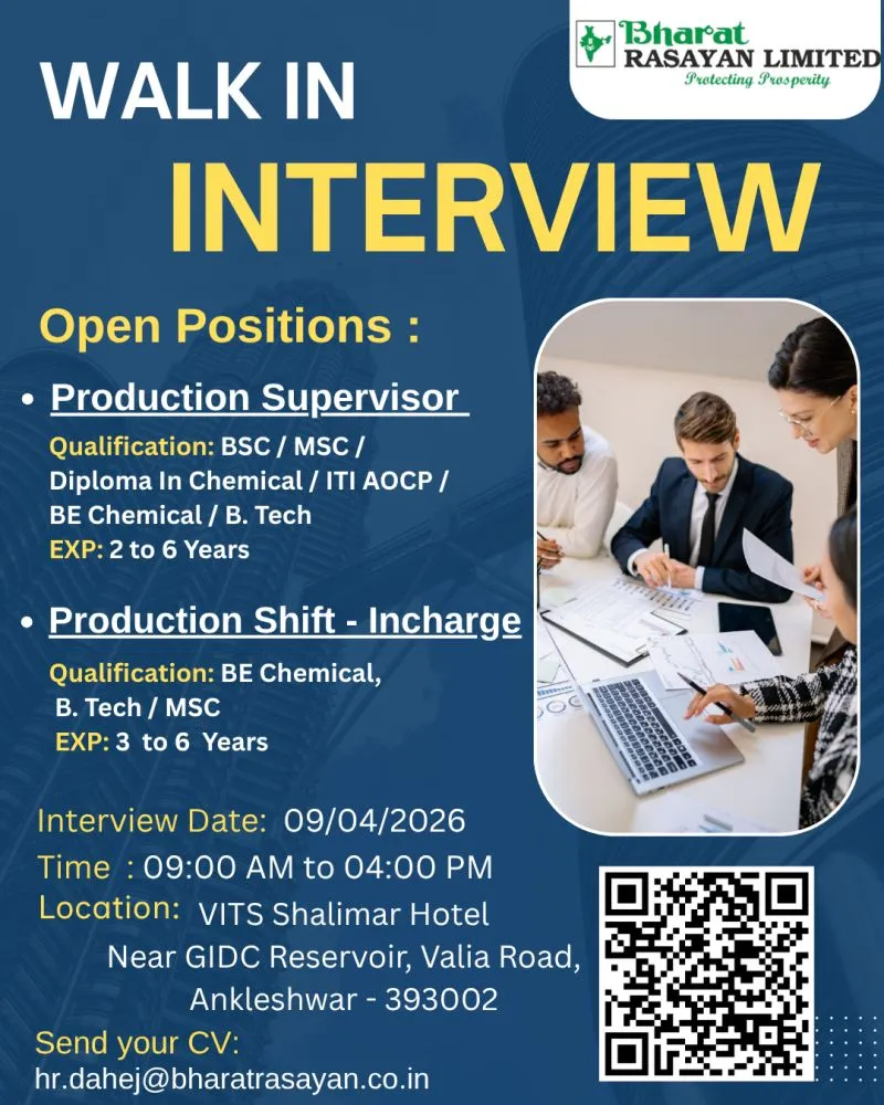 Bharat Rasayan is Hiring for Production Supervisor and Production Shift Incharge