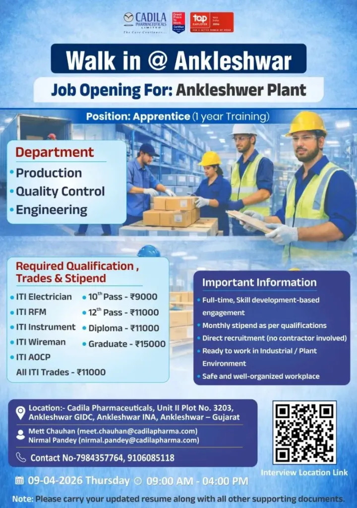 Cadila Pharmaceuticals is Hiring FRESHERS for Production, QC, and Engineering
