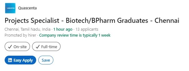 Projects Specialist Job for BPharm & Biotech Freshers
