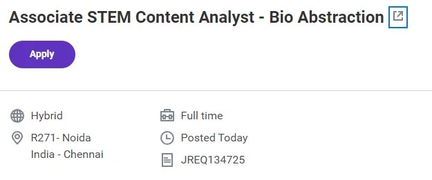 Clarivate Hiring Associate STEM Content Analyst &ndash; Bio Abstraction (Life Sciences) | Freshers