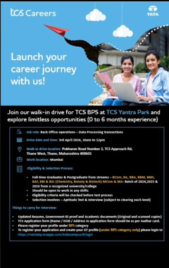 TCS Walk-In Drive 2026 for Freshers &ndash; Back Office Jobs