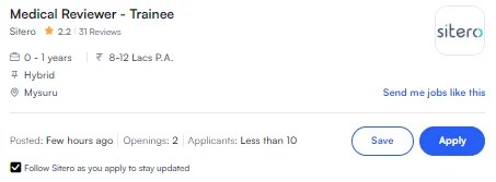 Medical Reviewer - Trainee Freshers Job at Sitero | 8 - 12 LPA