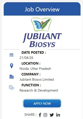 Jubilant Biosys Hiring Trainee Research Associate (Fresher)