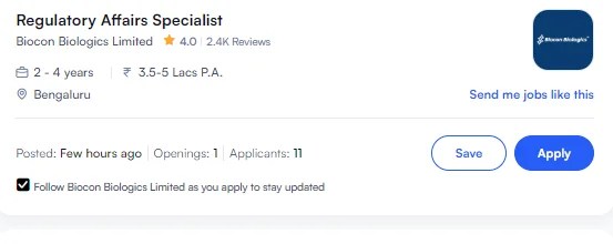 Regulatory Affairs Specialist Job at Biocon Biologics