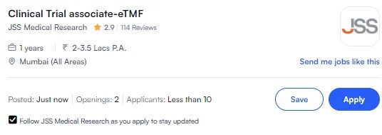 Clinical Trial Associate eTMF Job in JSS Medical Research
