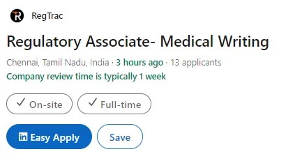 Regulatory Associate Medical Writing Job in Reg Trac