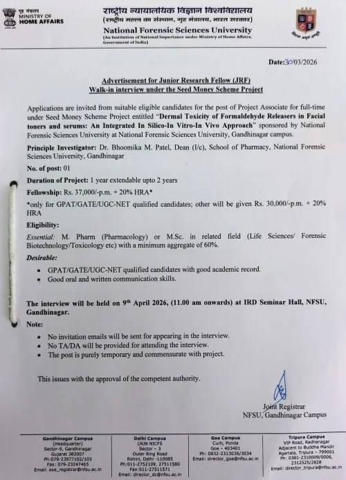 National Forensic Sciences Uni Hiring for JRF | 37000 Per Month | Freshers