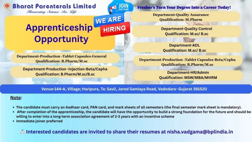 Bharat Parenterals apprenticeship 2026 in QA, QC, ADL & Production | Freshers