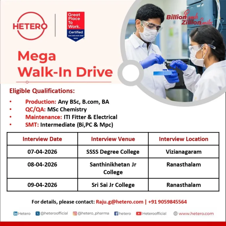 Hetero is Hiring FRESHERS for Production, QA, QC, Maintenance and SMT