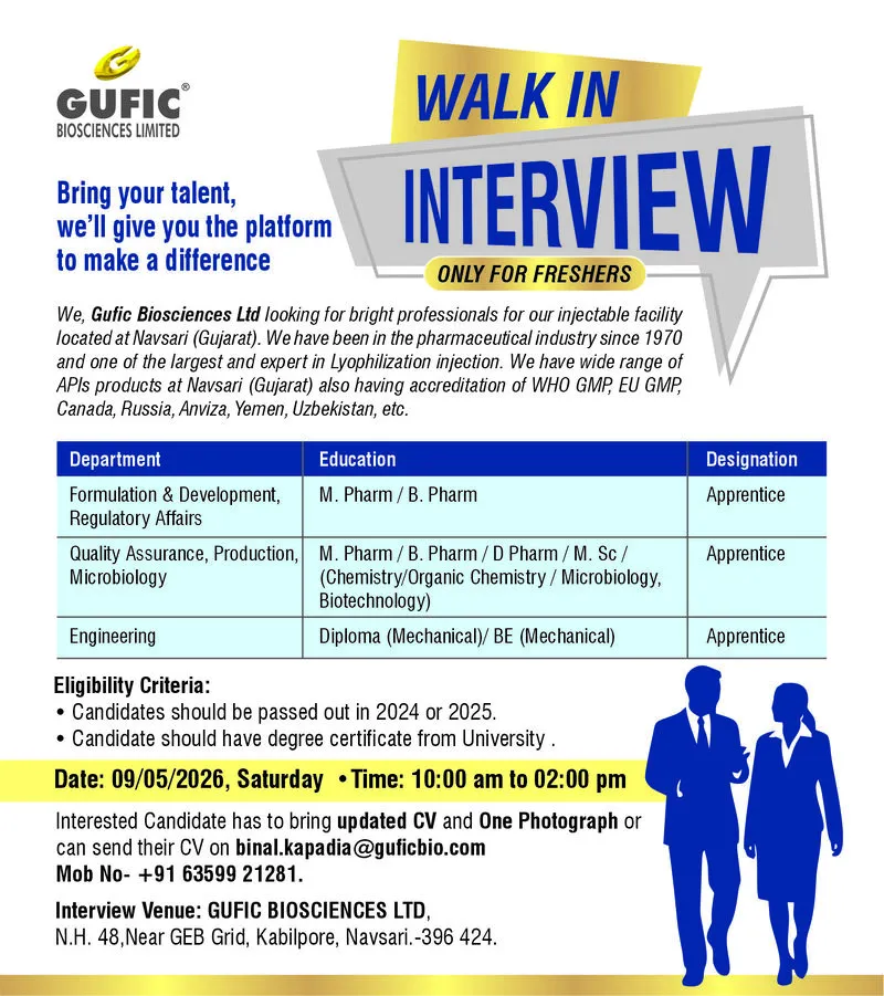 Gufic Biosciences is Hiring FRESHERS for QA, F&D, Regulatory Affairs, Production, Microbiology, Engineering