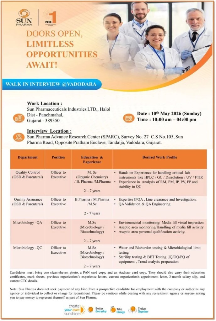 Sun Pharmaceutical is Hiring for QC, QA, and Microbiology roles