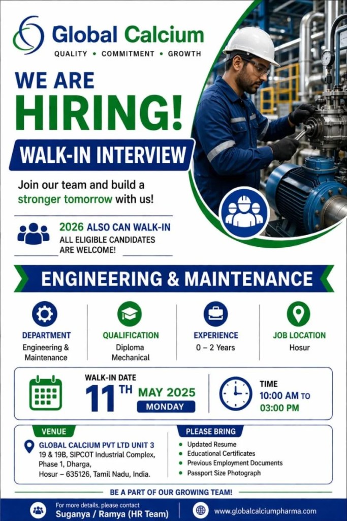 Global Calcium is Hiring FRESHERS for Engineering & Maintenance Roles