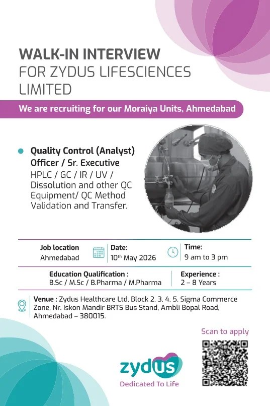 Zydus Lifesciences is Hiring Quality Control (Analyst) Officer / Sr. Executive
