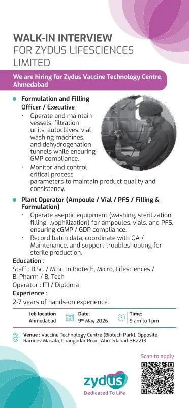 Zydus Lifescience is Hiring for Formulation, Filling Officer and Plant Operator
