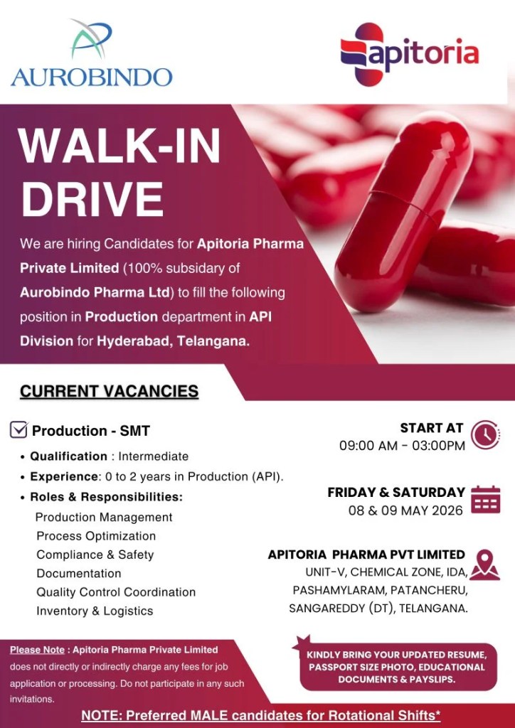 Apitoria Pharma is Hiring for Production &ndash; SMT | 0 - 2 Years Exp