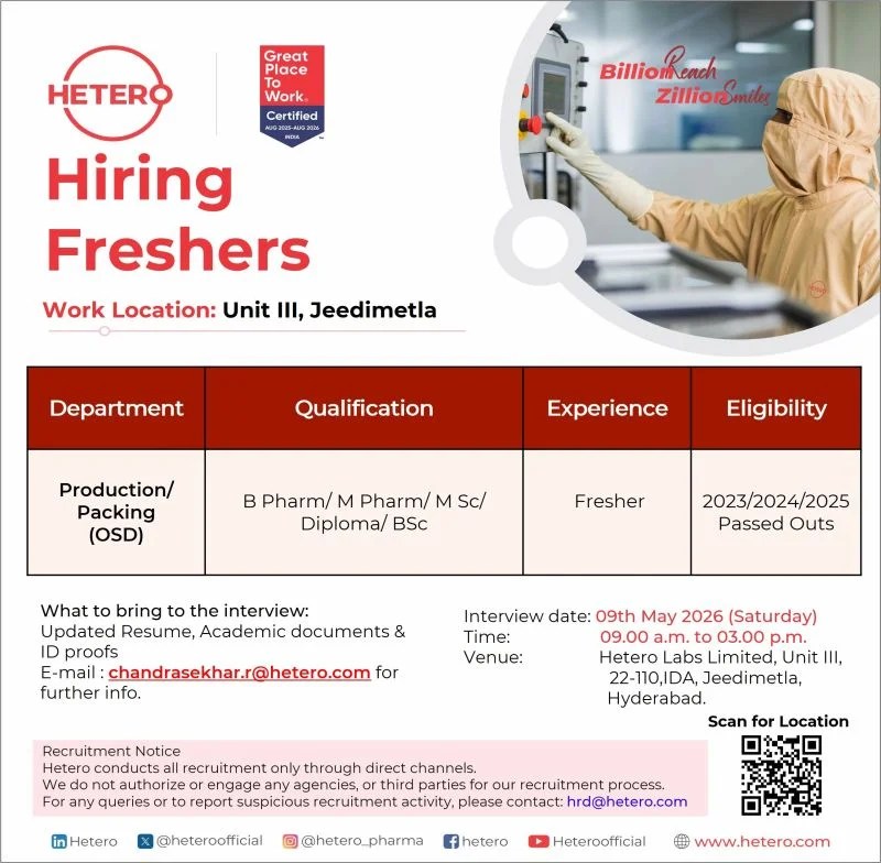 Hetero Labs is Hiring FRESHERS for Production and Packing (OSD)
