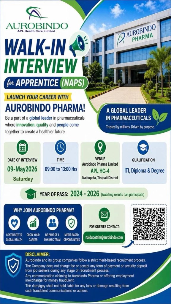 Aurobindo Pharma is Hiring FRESHERS for Apprentice (NAPS)