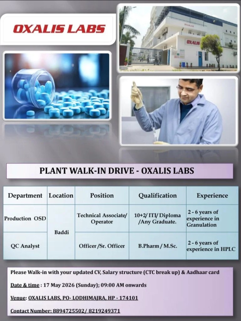Oxalis Labs is Hiring for Production OSD and QC Analyst roles