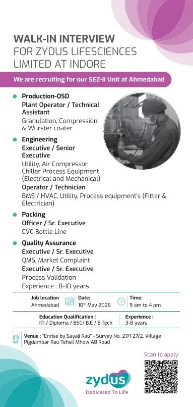Zydus Lifescience is Hiring for Production, Engineering, Packing, and QA