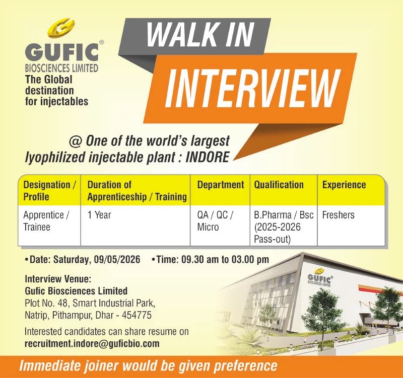 Gufic Biosciences is Hiring FRESHERS for Apprentice Trainee - QA/ QC/ Micro