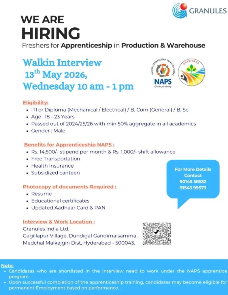 Granules India is Hiring FRESHERS for Apprentice Trainee &ndash; Production & Warehouse