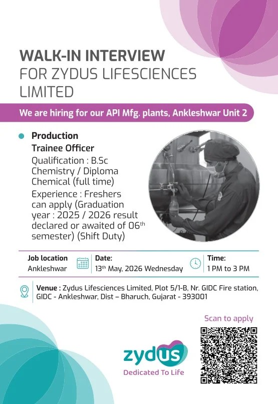 Zydus Lifescience is Hiring FRESHERS for Production Trainee Officer