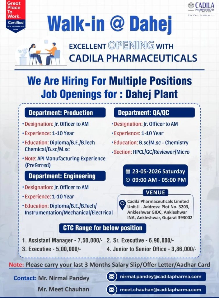 Cadila Pharmaceuticals is Hiring for Production, QA/QC, and Engineering