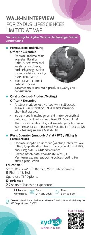 Zydus Lifescience is Hiring for Production, Quality Control, and Plant Operator