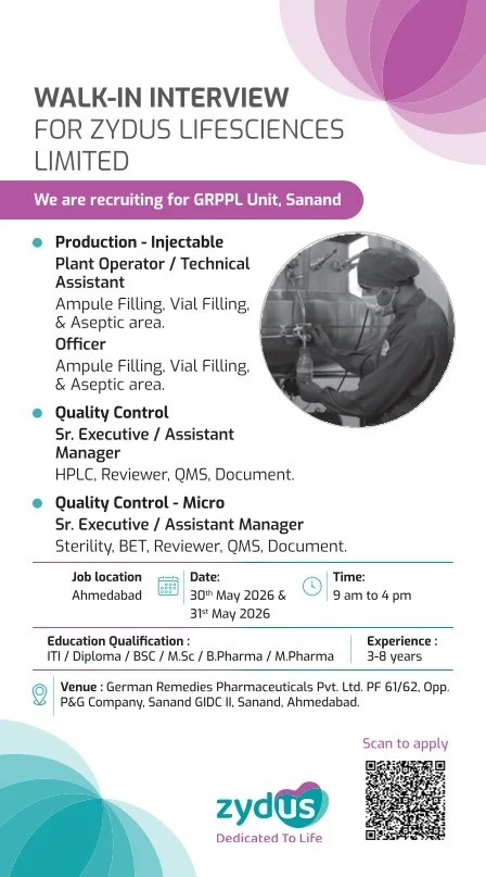 Zydus Lifesciences is Hiring for Production & QC Roles