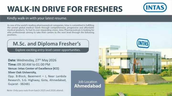 Intas Pharma is Hiring for M.Sc and Diploma Fresher