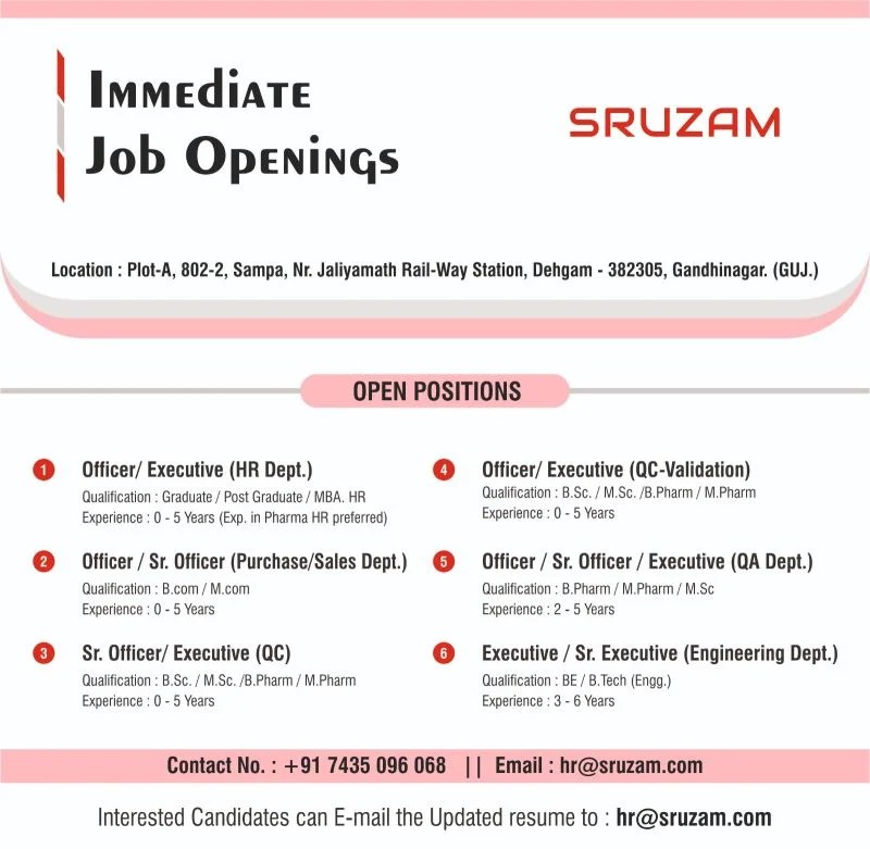Sruzam is Hiring FRESHERS for QC, QA Validation, Engineering, HR, Purchase