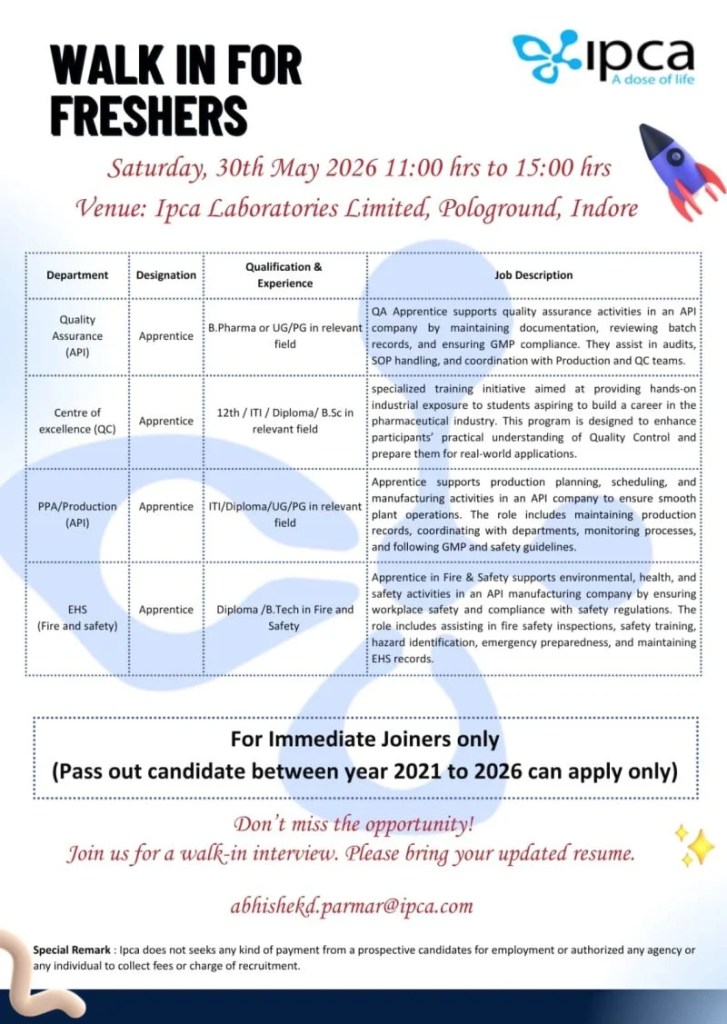 Ipca Laboratories is Hiring FRESHERS for QA, QC, Production & EHS
