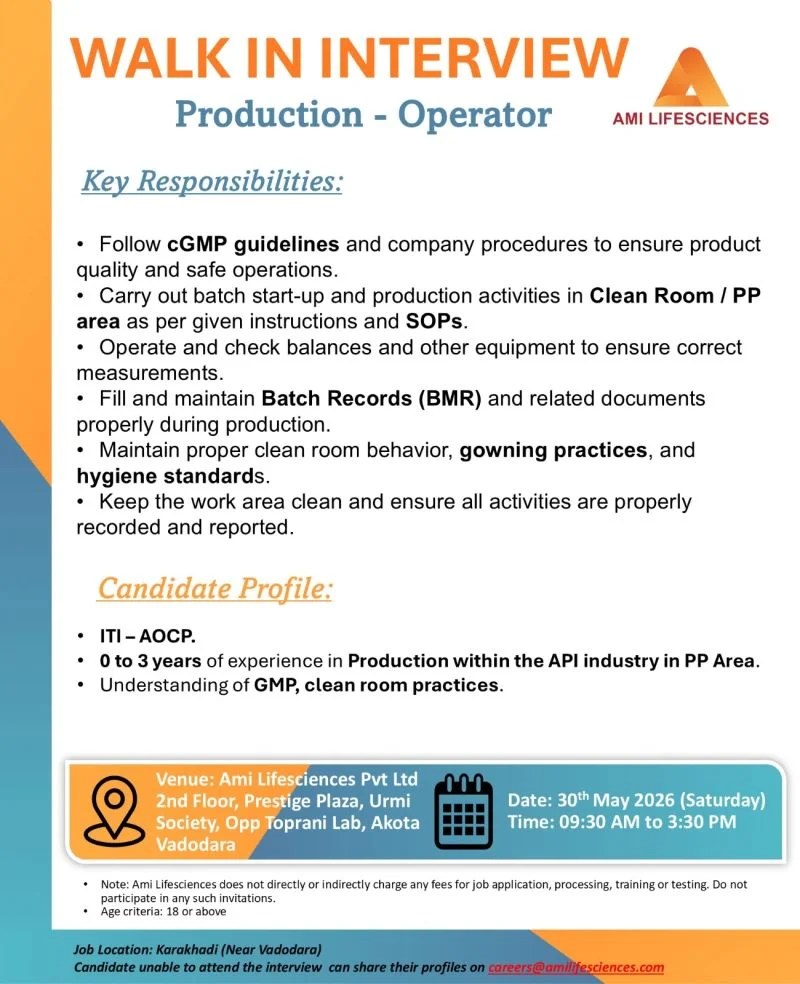 AMI Lifesciences is Hiring for Production Operator roles