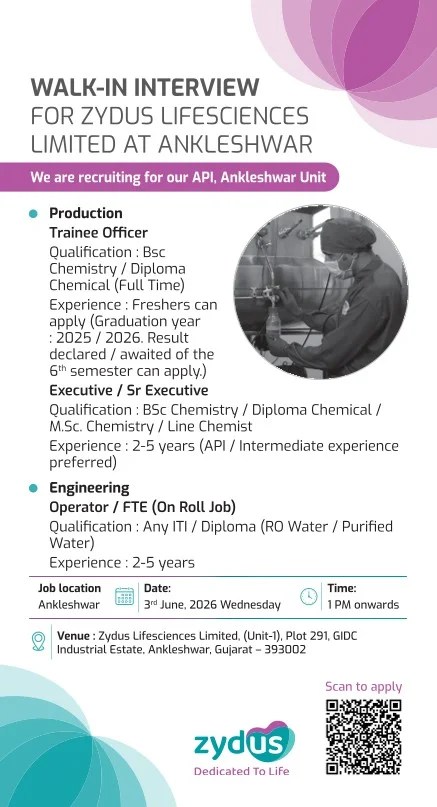 Zydus Lifescience is Hiring FRESHERS for Production & Engineering Roles