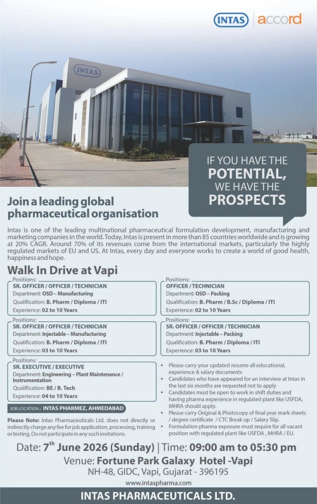 Intas Pharmaceuticals is Hiring for Manufacturing, Packing & Engineering