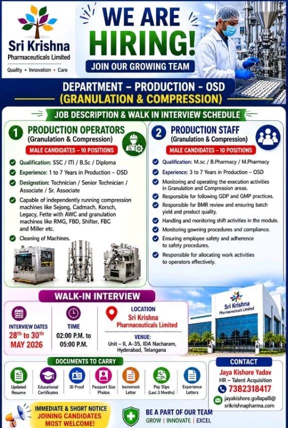 Sri Krishna Pharma is Hiring for Production OSD and API Departments