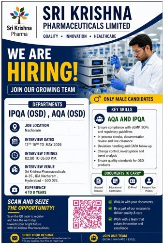 Sri Krishna Pharma is Hiring for IPQA & AQA Roles