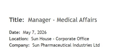 Sun Pharmaceutical is Hiring for Manager - Medical Affairs