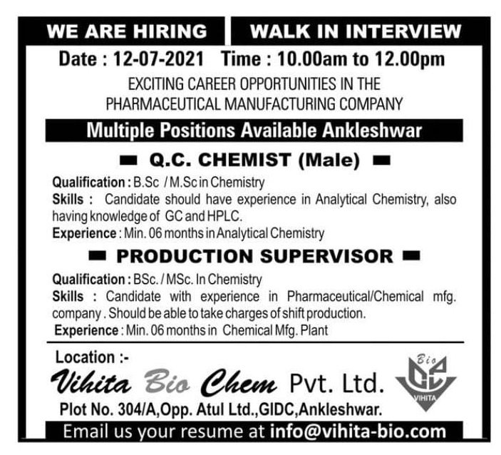 Vihita Bio Chem Pvt. Ltd&nbsp;- Walk-In Interviews for Freshers & Experienced in QA / Production on 8th May' 2026 - Pharmawisdom.co.in