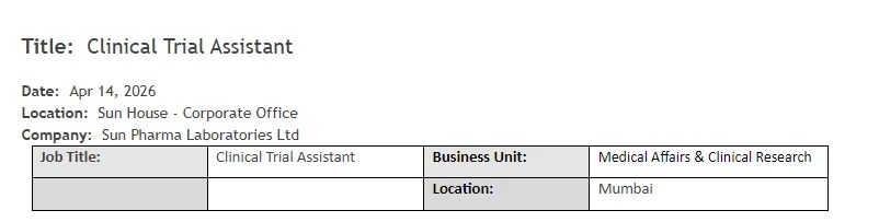 Clinical Trial Assistant Job at Sun Pharma Mumbai