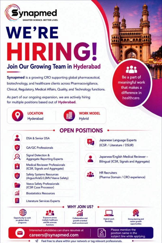 Synapmed hiring for Pharmacovigilance, Medical Reviewer, QA/QC, Biostatistics, Veeva Safety & CRO role | Japanese Roles