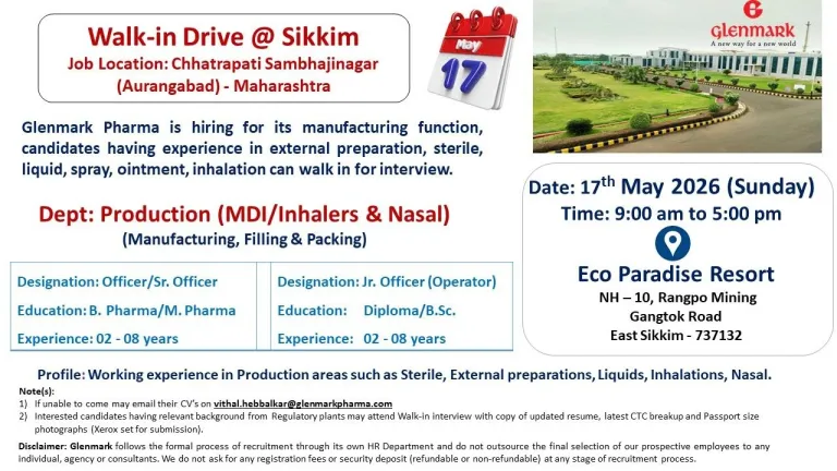 Glenmark Pharma is Hiring for Production Department