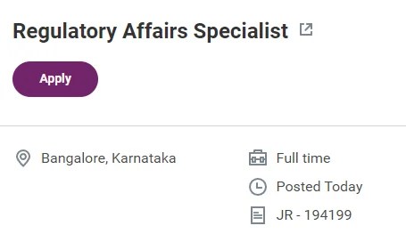 Vantive Hiring Regulatory Affairs Specialist in Bangalore