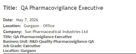 Sun Pharma Hiring for QA Pharmacovigilance Executive