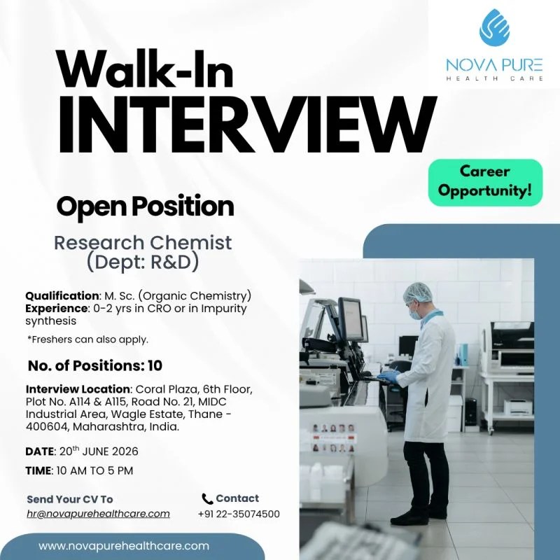 Nova Pure Healthcare is Hiring FRESHERS for Research Chemist (R&D)