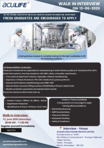 Aculife Healthcare is Hiring FRESHERS for Production (Parenteral/Sterile)