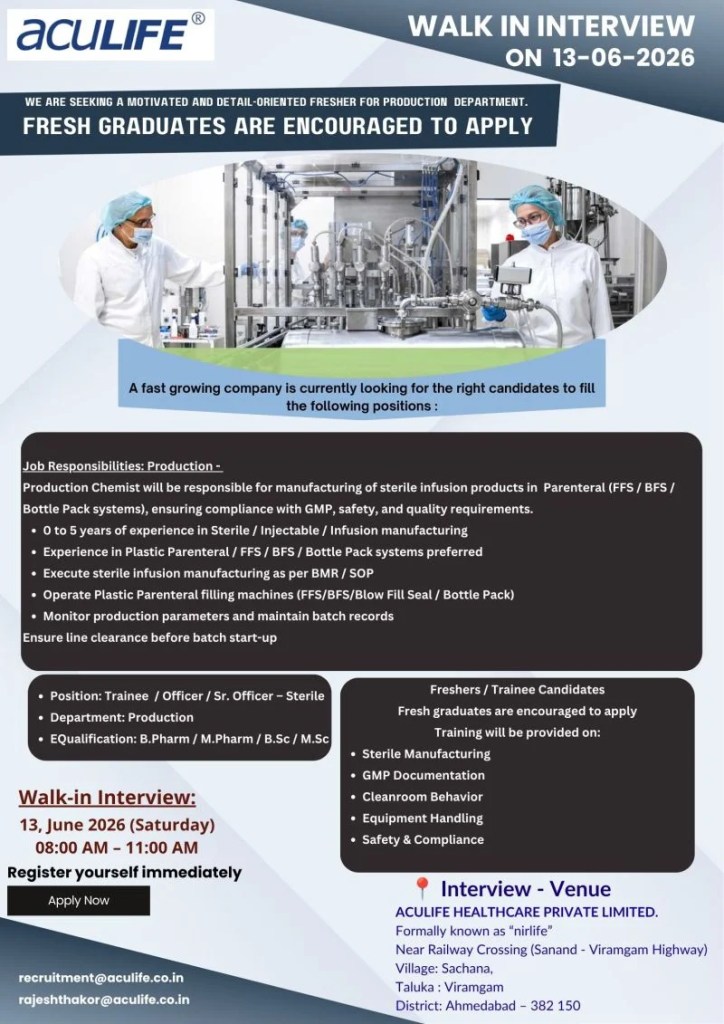 Aculife Healthcare is Hiring FRESHERS for Production (Parenteral/Sterile)
