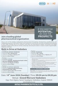 Intas Pharmaceuticals is Hiring for Packing, Injectable Manufacturing and Engineering