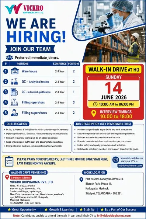 Vickro Biopharma is Hiring for Warehouse, QC, and Filling Operations