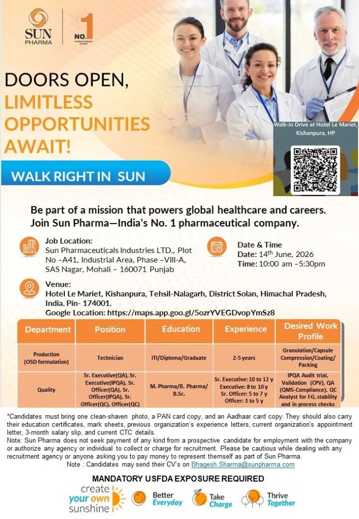 Sun Pharmaceuticals is Hiring for Production & Quality Jobs